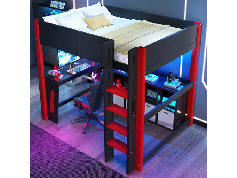 Lit mezzanine 140x200 cm avec bureau et led, coloris noir et rouge - Conforama B