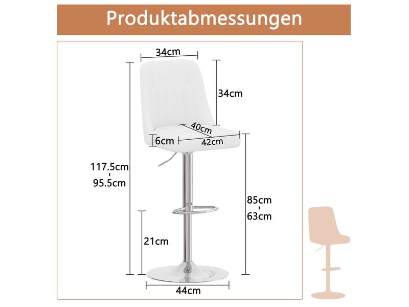 Tabourets de bar 95,5-117,5 cm lot de 2, chaise bar, pivotants 360°, assise pu, métal robuste, cuisine moderne, blanc  - Conforama C