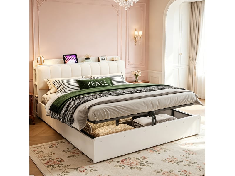 Lit coffre modenvie 180 x 200 cm avec rangement hydraulique tête de lit rembourrée usb étagère et niches de rangement bois mdf velours blanc - Conforama D