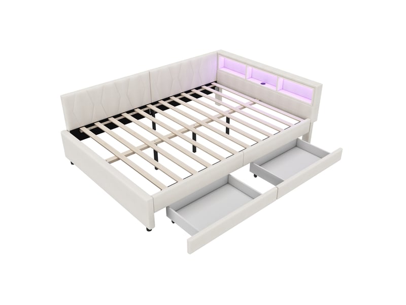  Lit simple 140x200 cm, lin beige, tiroirs, led, usb-c, étagères — sans matelas  - Conforama A