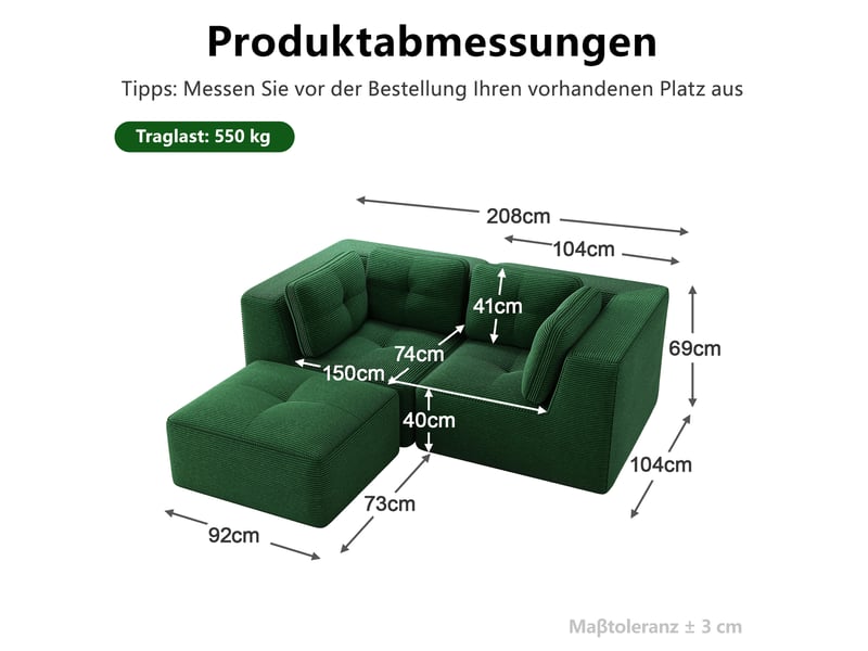 Canapé modulable en l 208x177x69 cm 2 places, sans montage, accoudoirs spacieux, en velours côtelé, vert - Conforama C