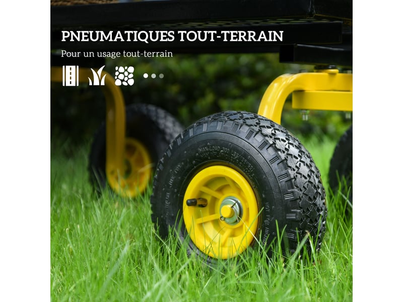  Chariot de transport jardin 94 x 48.5 x 100 cm roues tout terrain charge max 150 kg industriel épuré en acier jaune 21_0007113  - Conforama D