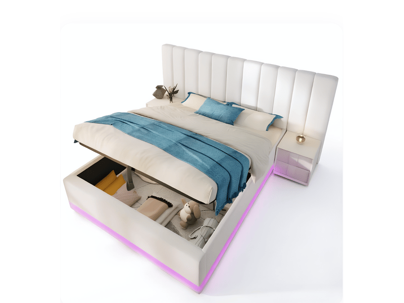 Lit coffre 180x200 cm avec led et ports usb et type-c, en bois, blanc, matelas inclus - Conforama A