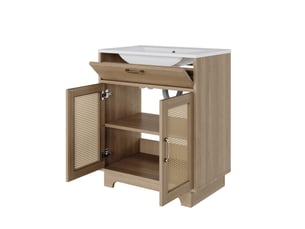 Meuble vasque salle de bain sur pied 76x46x88 cm – naturel – rangement intégré et portes effet rotin