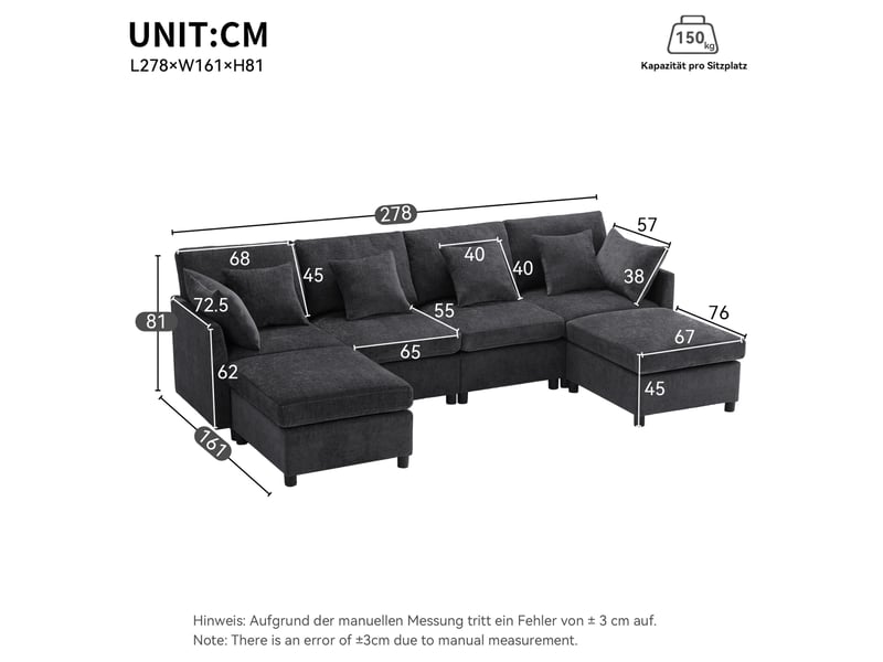 Canapé modulable modenvie en chenille gris 278 x 161 cm avec 2 poufs et 6 coussins  - Conforama C