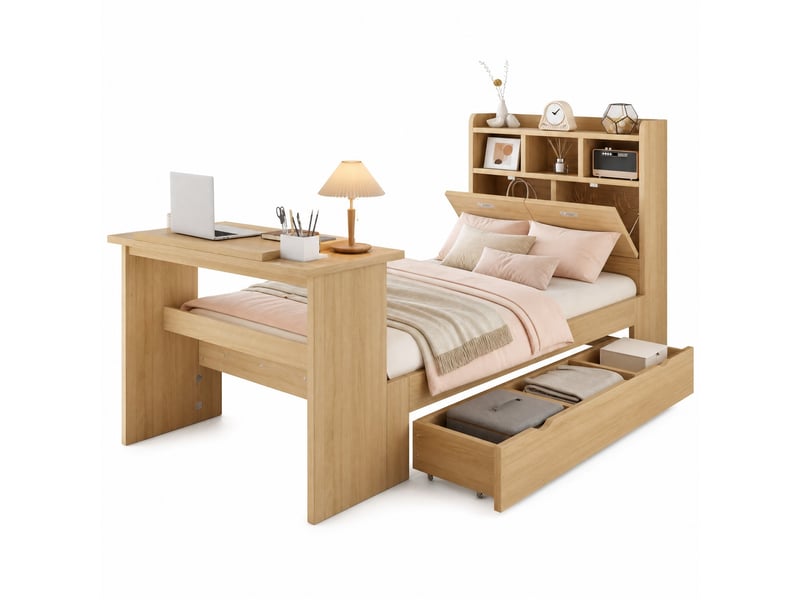 Lit enfant 90x200 cm avec rangement, tiroir modulable et table pliante réglable  - Conforama A