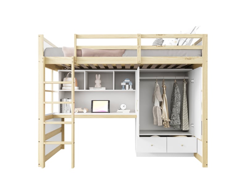 Lit mezzanine enfant 90x200 cm blanc et bois naturel avec bureau - Conforama A