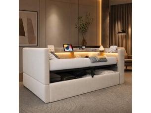 Lit avec rangement 90x190 cm <strong>HAVRYA</strong>  <strong></strong> coloris beige