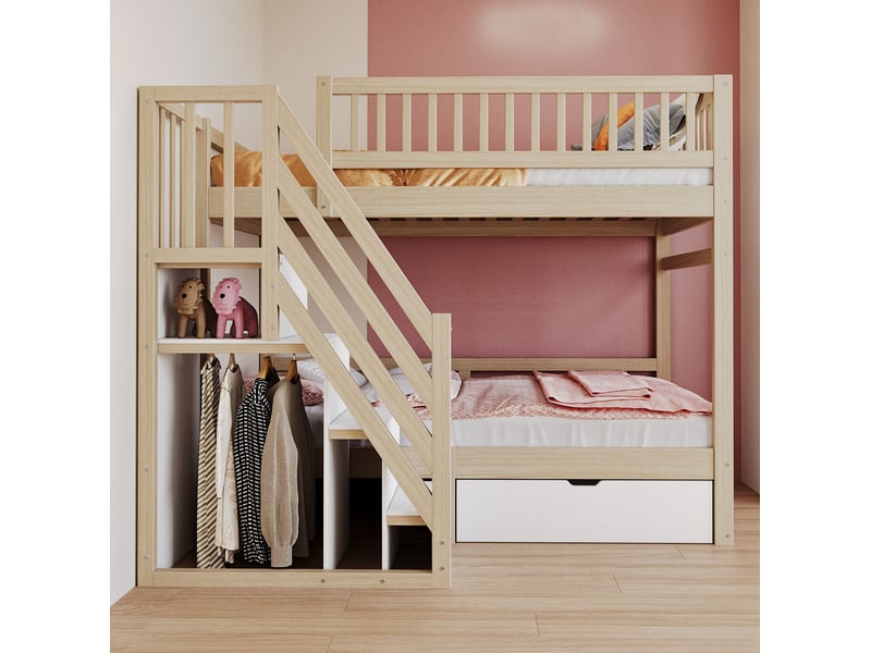  Lit superposé 90x200 cm, tiroirs de rangement, bois, escalier de rangement, bois naturel, sans matelas  - Conforama D