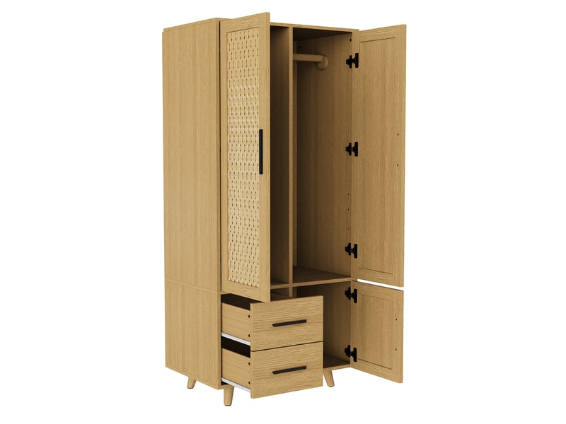 Armoire de penderie effet rotin avec 3 portes et 2 tiroirs - 80 x 52 x 166 cm - bois naturel - meuble de rangement - Conforama A