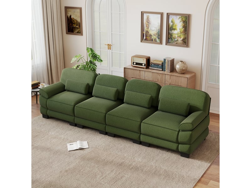  Canapé modulable 4 places, tissu cord doux et agréable, coussins lombaires, salon, connecteurs pour structure stable, vert  - Conforama E