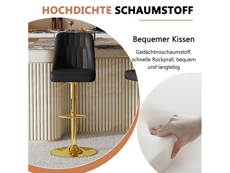 Lot de 2 tabourets de bar à hauteur réglable pivotants 360°, chaise haute cuisine, pied métal, polyuréthane, noir et or  - Conforama D