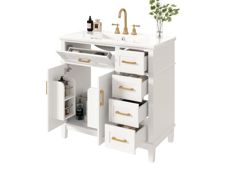  Meuble de salle de bain - 90x46x87 cm - meuble sur pied avec vasque en céramique, 4 tiroirs et portes - blanc et or  - Conforama A