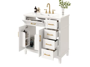 Meuble de salle de bain - 90x46x87 cm - meuble sur pied avec vasque en céramique, 4 tiroirs et portes - blanc et or