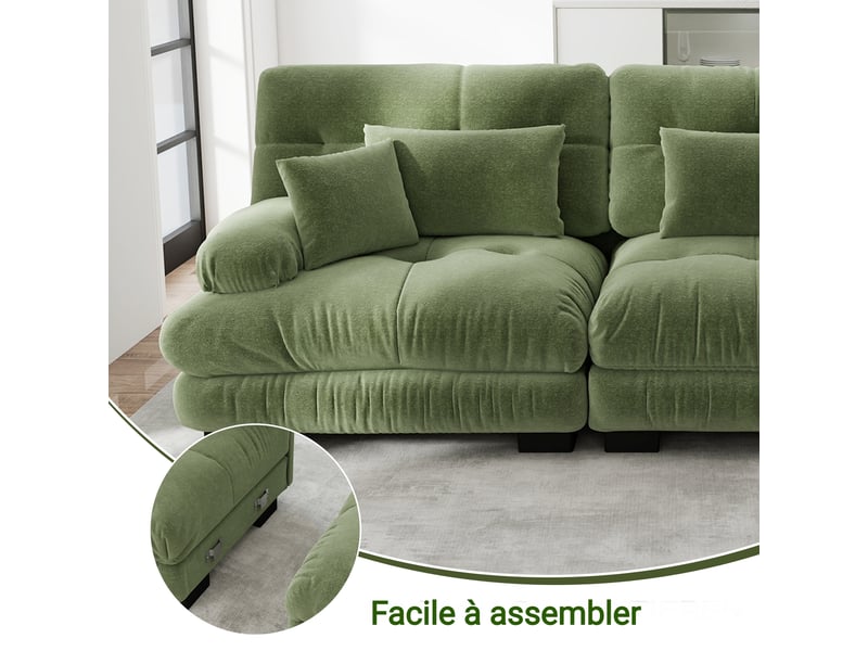 Canapé d'angle en chenille - 220x77x81 cm - vert - 2 coussins lombaires - 2 coussins décoratifs - cadre en bois massif - Conforama W