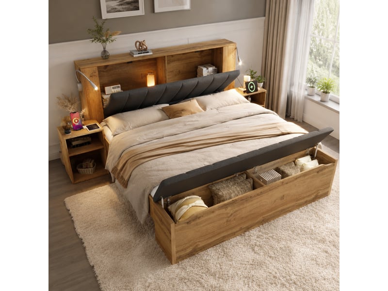  Lit double 160 x 200 cm coloris chêne avec chevets, banc de lit et lampes usb  - Conforama D