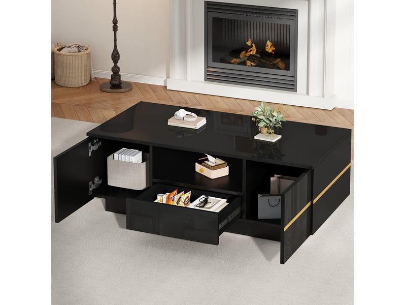  Table basse 100 x 50 x 35,5 cm noire en mdf, led, 2 portes, tiroir, rangement ouvert, accents dorés  - Conforama B