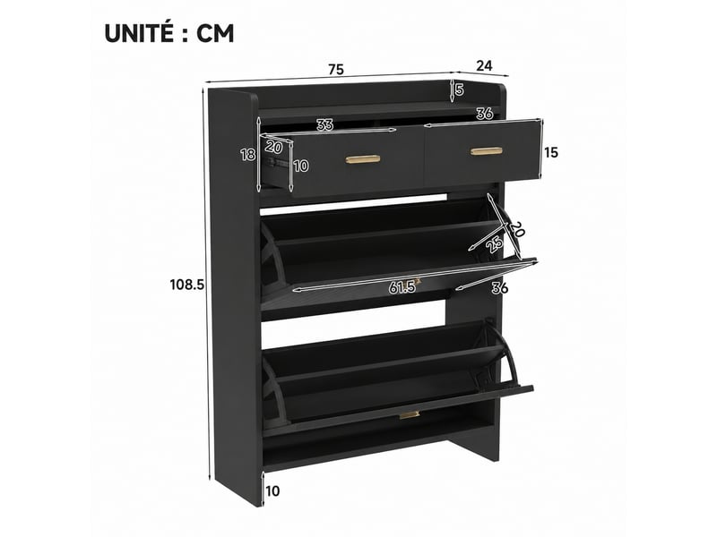  Meuble à chaussures étroit à 2 compartiments abattants, noir, 75x24x108,5 cm  - Conforama E