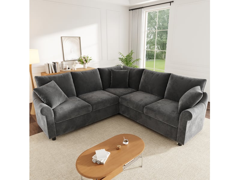  Canapé d'angle 5 places en tissu chenille gris, 217x217x83 cm  - Conforama B