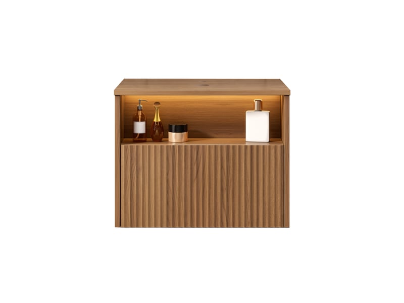  Meuble sous vasque mural avec 1 tiroir et niche ouverte en contreplaqué chêne brun pour salle de bain 60 × 46 × 46,8 cm  - Conforama A