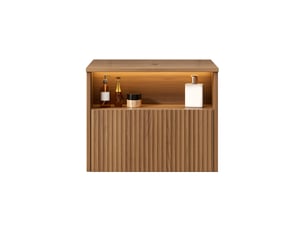 Meuble sous vasque mural avec 1 tiroir et niche ouverte en contreplaqué chêne brun pour salle de bain 60 × 46 × 46,8 cm