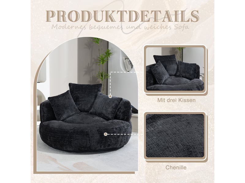  Pouf géant adulte en chenille noire, fauteuil de sol ergonomique avec dossier haut, canapé paresseux pour chambre et gaming.  - Conforama C