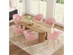Lot de 6 fauteuils de salle à manger avec dossier pétale, accoudoirs, coussin nœud et pieds en métal doré, tissu bouclette teddy, rose