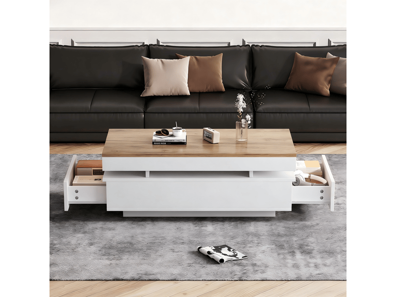  Table basse led 100x50x35 cm, table de salon blanc et bois avec 2 tiroirs, finition brillante  - Conforama D