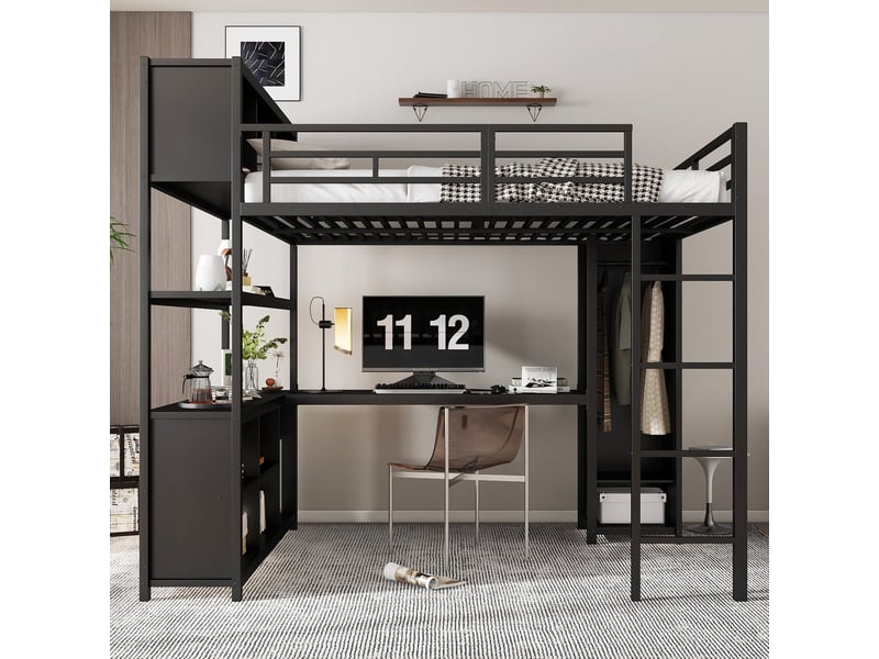  Lit mezzanine 140x200 cm coloris noir métal lit enfant noir - Conforama B