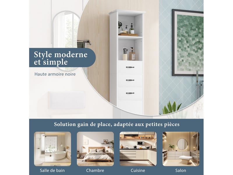  Meuble de salle de bain 38x26x172,5 cm avec ses 3 tiroirs, rangement ajustable, armoire de rangement, en mdf blanc  - Conforama D