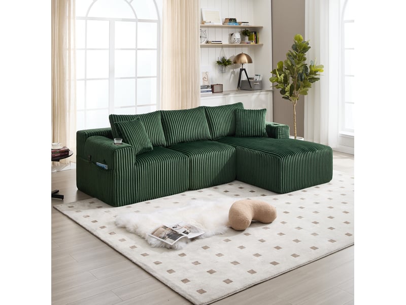Canapé d'angle modulable ulevr 3 places avec chaise longue, poches latérales et porte-gobelets, 257 x 160 cm, velours côtelé vert émeraude - Conforama E