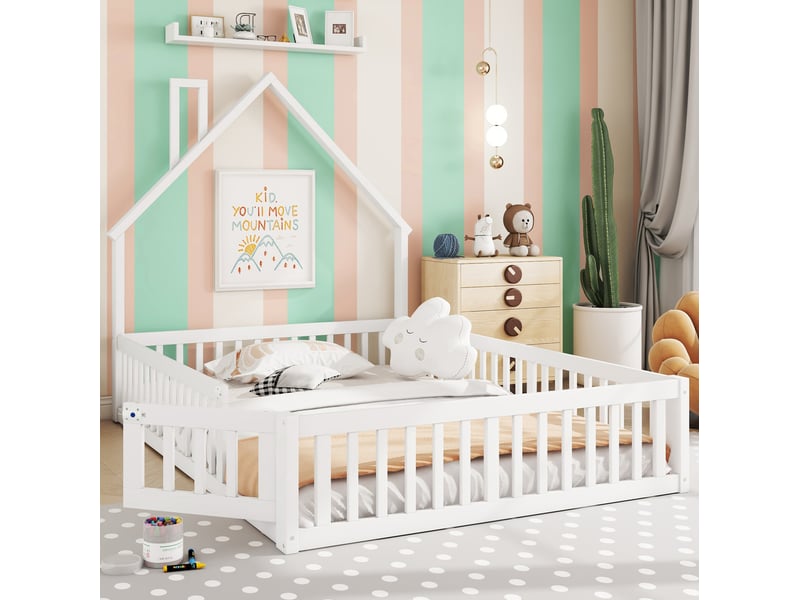  Lit enfant 140 x 190 cm forme cheminée, sommier à lattes et barrières, blanc  - Conforama D