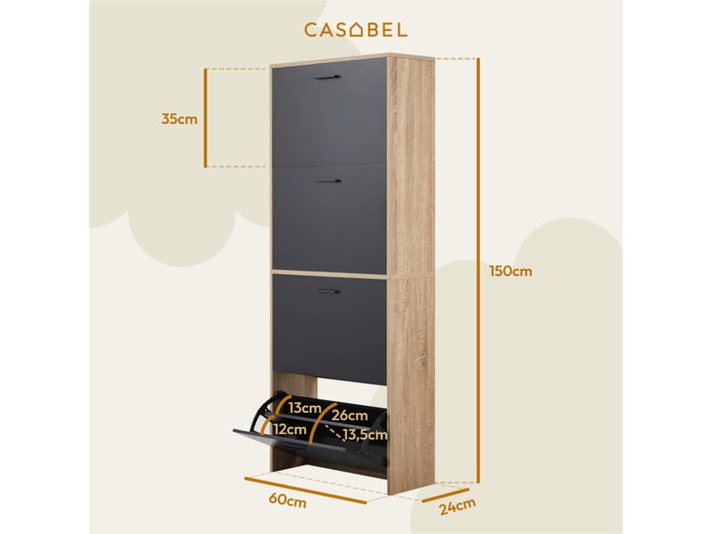  Casabel meuble à chaussures 24 paires, étagères ajustables, gain de place, portes noires et cadre bois clair 24 Paires Noir Bois Clair - Conforama B