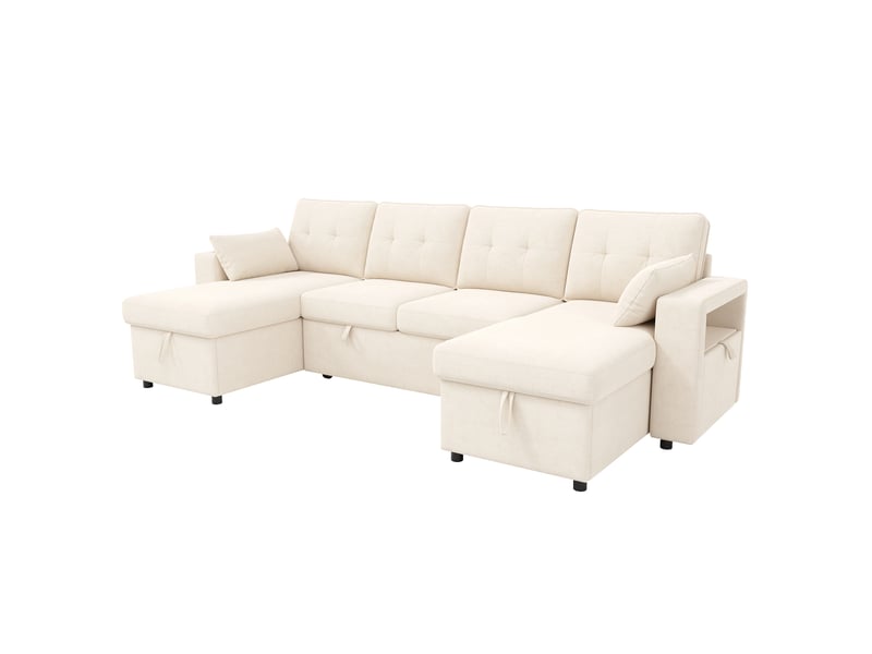  Canapé modulable convertible 4 places en u 273 cm, double méridienne, 2 coffres de rangement, led tactiles, usbtype-c, tissu chenille, beige Luxe haut de gamme - Conforama A