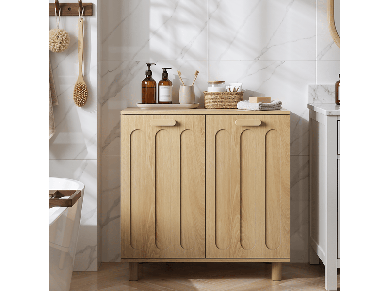  Meuble de rangement pour linge 66x35x67 cm avec deux paniers amovibles mdf coloris chêne  - Conforama D