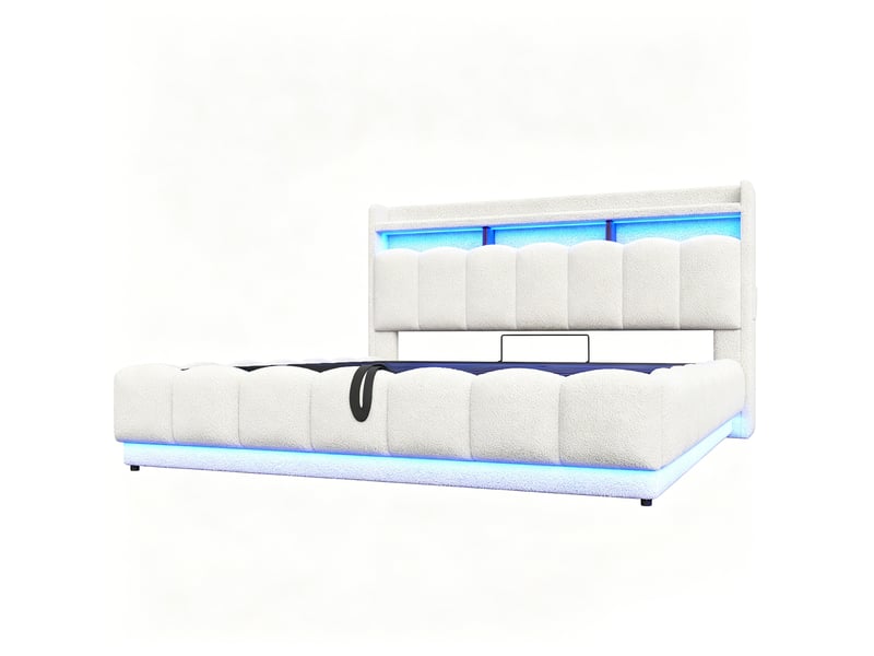 Lit double 180x200 cm en tissu bouclette blanc avec rangement hydraulique, led et usb - Conforama A