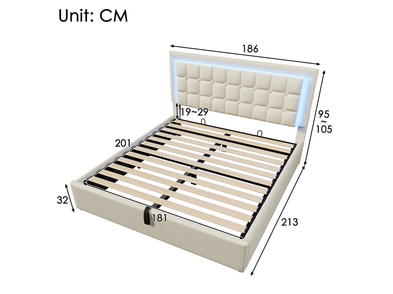  Lit double 180 × 200 cm avec coffre relevable, sommier à lattes et éclairage led en pu blanc, chambre 213 × 186 × 105 cm  - Conforama C