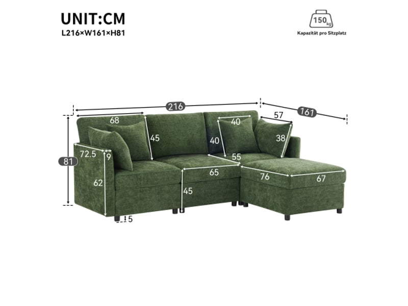  Canapé d’angle en l convertible en 3 places, modular, pouf mobile et 4 coussins chenille verts idéal salonbureau vidéo  - Conforama C