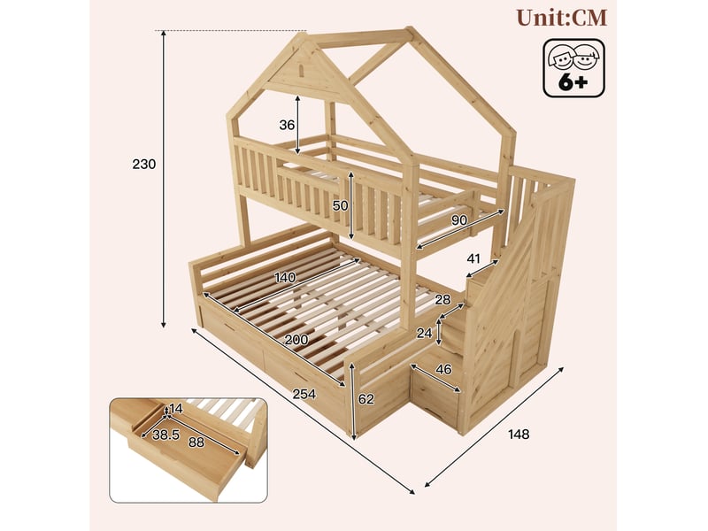  Lit superposé enfant 90 × 200 cm et 140 × 200 cm, 3 places, escalier, 2 tiroirs, sans matelas, chêne  - Conforama D