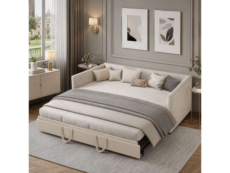 Canapé-lit 90/180 x 200 cm, lit de jour convertible pour 2 adultes, lit rembourré avec lit d'appoint coulissant et sommier à lattes, convertible en lit double, velours, beige, sans matelas - Conforama B