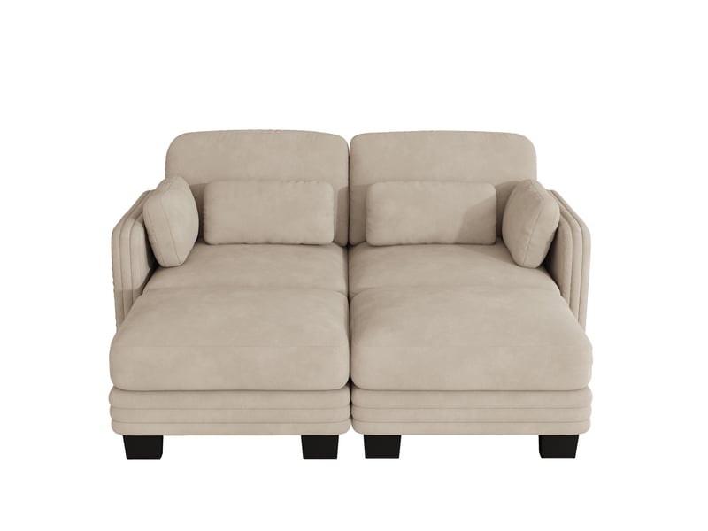 Canapé modulable 2 places 176x 143x 88 cm avec 2 poufs, coussins mobiles, design ergonomique, chenille café clair - Conforama A