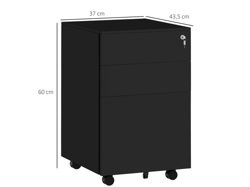  Caisson de bureau verrouillable 37 x 43,5 x 60 cm – noir – 3 tiroirs sur roulettes en acier avec frein  - Conforama C