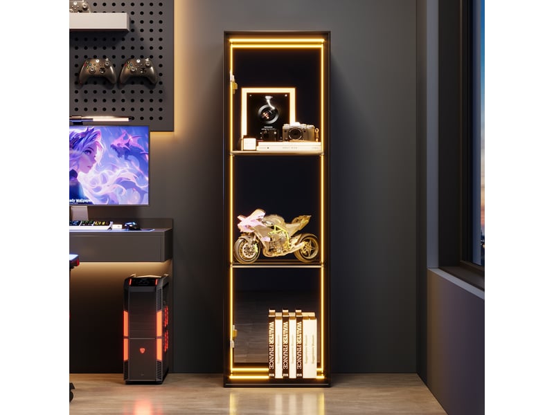  Vitrine en verre noir 30x30x90 cm avec éclairage led et fond miroir, 3 étagères  - Conforama B