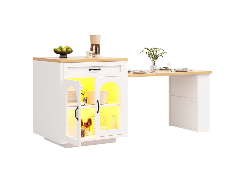  Desserte extensible blanche mdf, 2 portes en verre strié, 2 tiroirs et led, 126-196x59x94 cm  - Conforama A