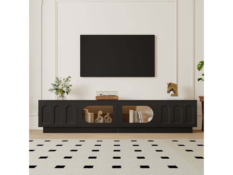  Meuble tv 4 portes led avec vitrines et passe-câbles pour salon 200×40×42 cm en mdf noir  - Conforama B