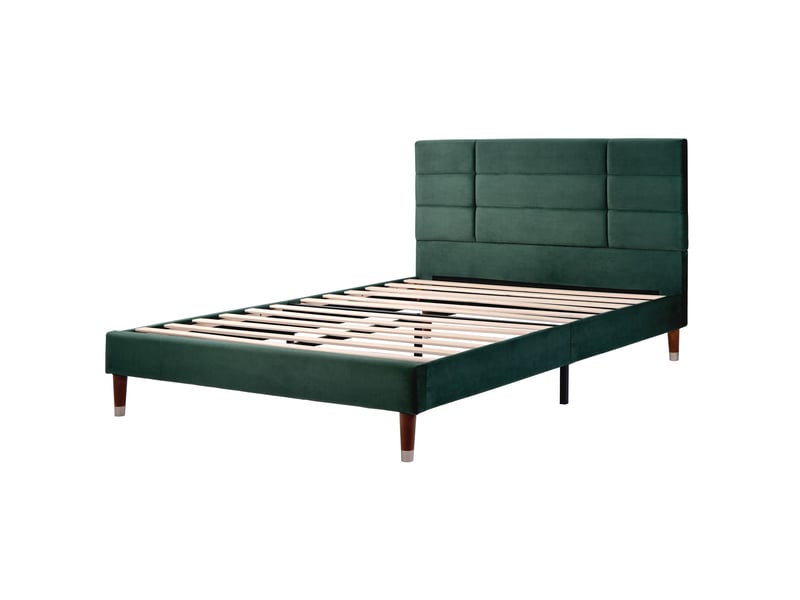  Lit 140x200 cm capitonné en velours vert – tête de lit, sommier à lattes et matelas à ressorts inclus  - Conforama A