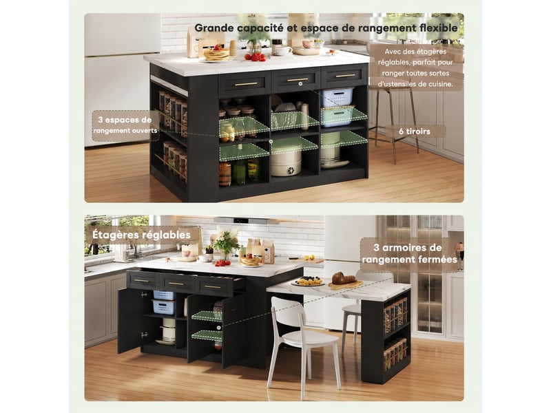  Îlot de cuisine avec table escamotable muvano, noir et effet marbre blanc, 150 × 90 × 90 cm  - Conforama R