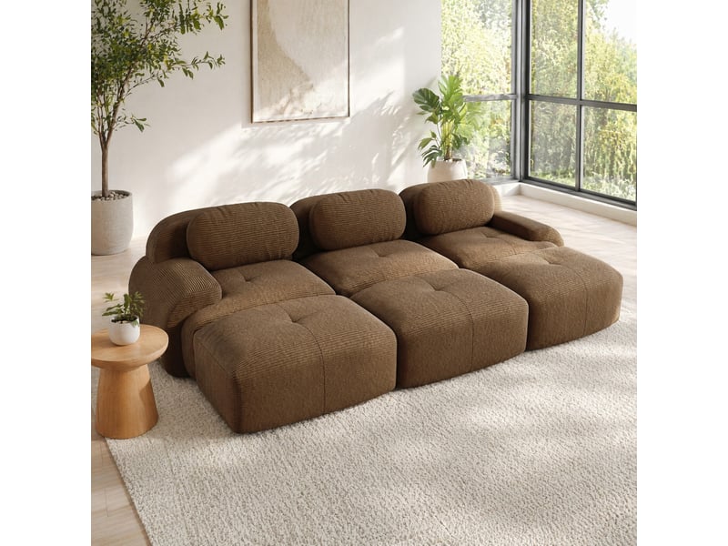  Canapé modulable modenvie 3 places avec 3 poufs en velours côtelé marron 298 x 178 x 70 cm  - Conforama E