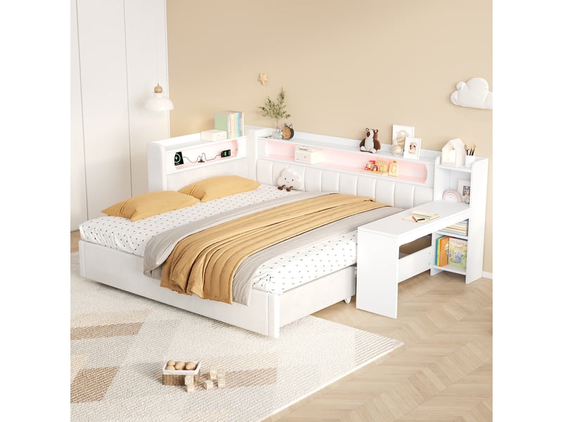 Lit gigogne 90x200 cm blanc avec bureau, étagères, usb et led 7 couleurs, extensible 180x200 cm, sans matelas - Conforama B