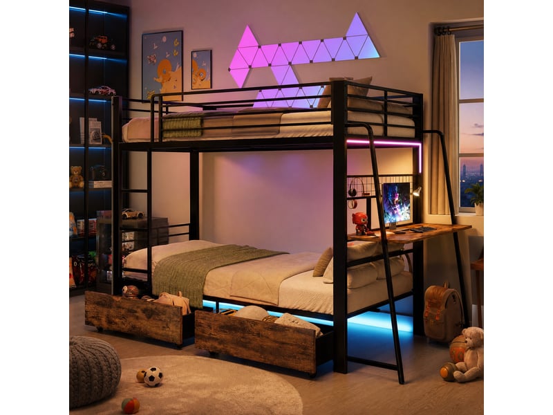  Lit superposé 140x200 cm avec bureau, led rgb et 2 tiroirs noir  - Conforama D